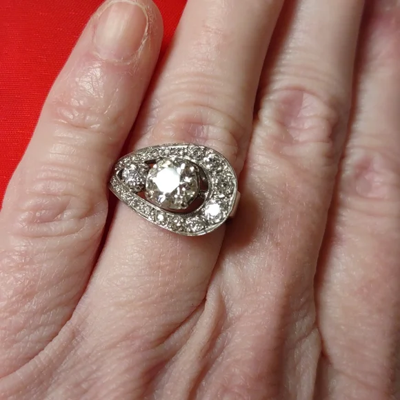 Old European cut diamond ring 14kt white gold U design - Picture 6 of 17